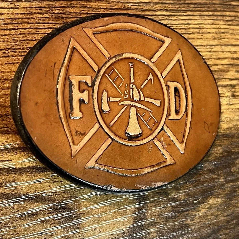 VTG GABC Rare Leather Fire Dept Maltese Cross Belt Buckle Firefighter 1980s USA
